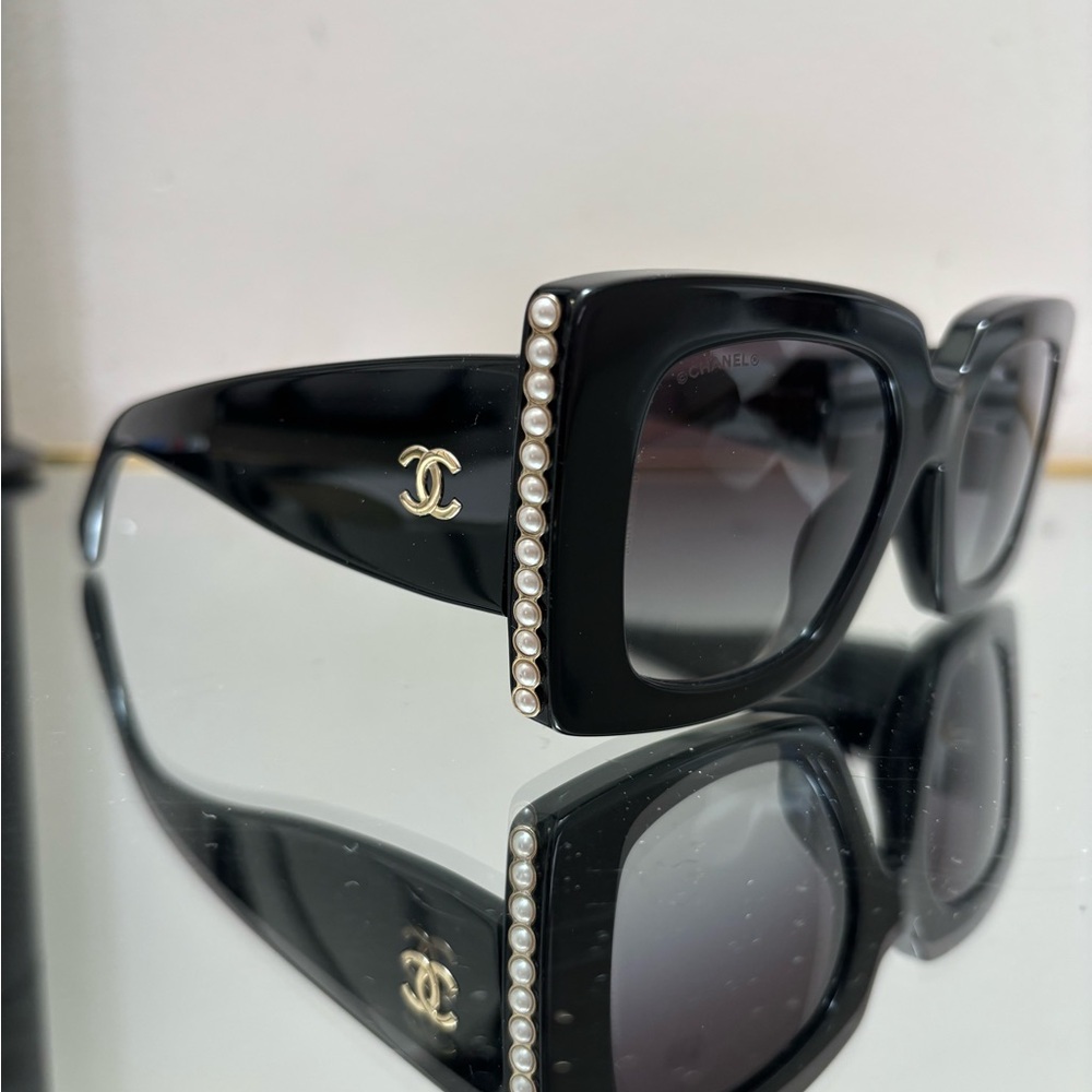 CHANEL Black Square Sunglasses with Pearl Trim and Gold CC Logo